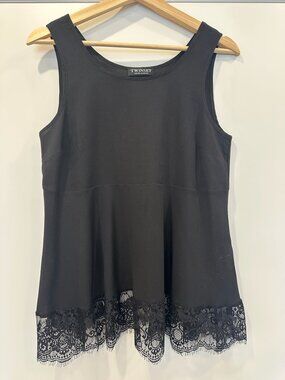 Twin Set Black Sleeveless Top Lace Hem Size Small Dressy or Casual Summery Cool